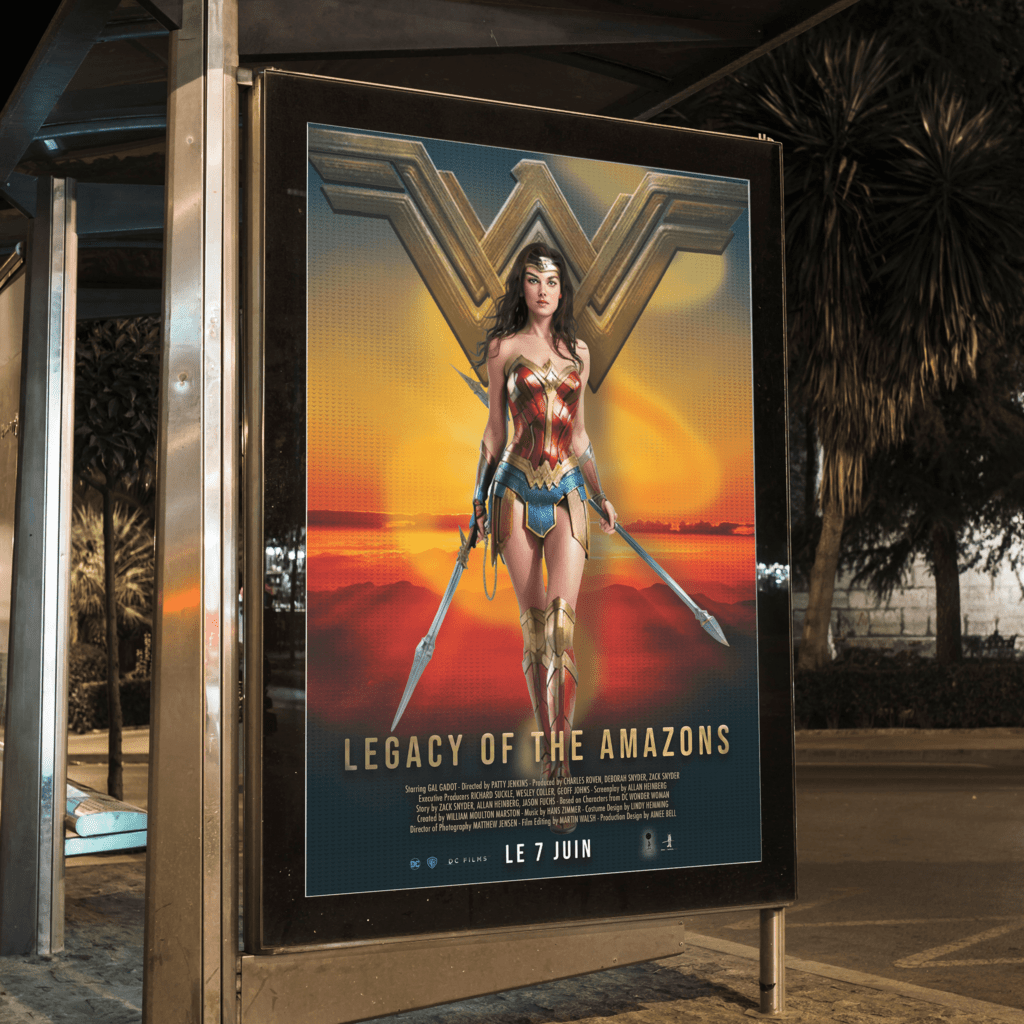 Mise en page soignée et un brin spéctaculaire d'une affiche pour le dernier Wonder Woman réalisée avec Photoshop