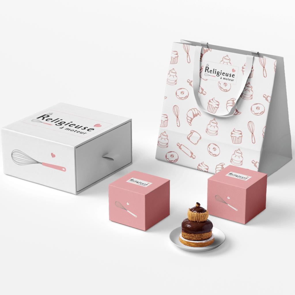 Mockup logo patisserie : packaging boîte, sac avec motif
